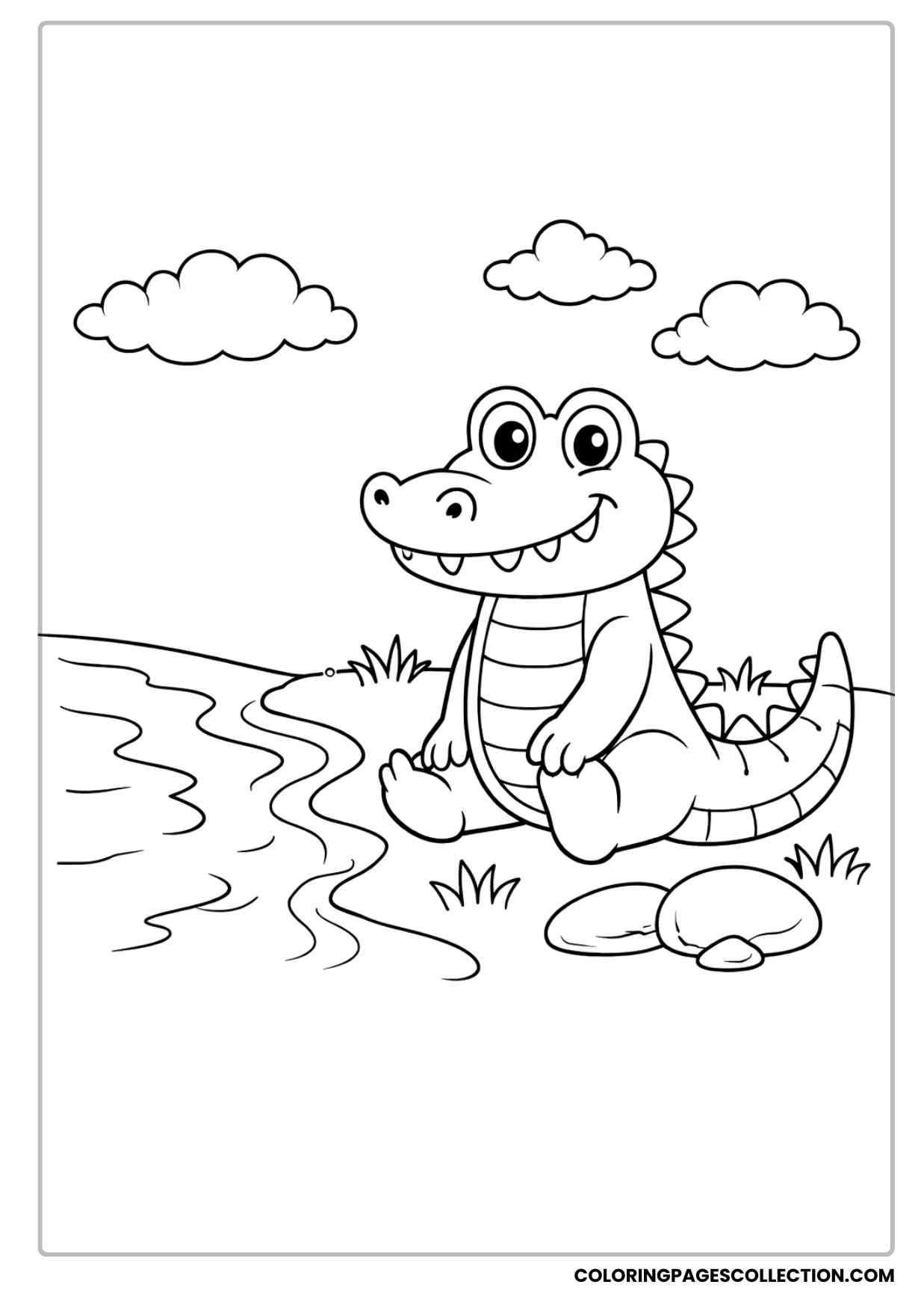 happy alligator playing in the river coloring page