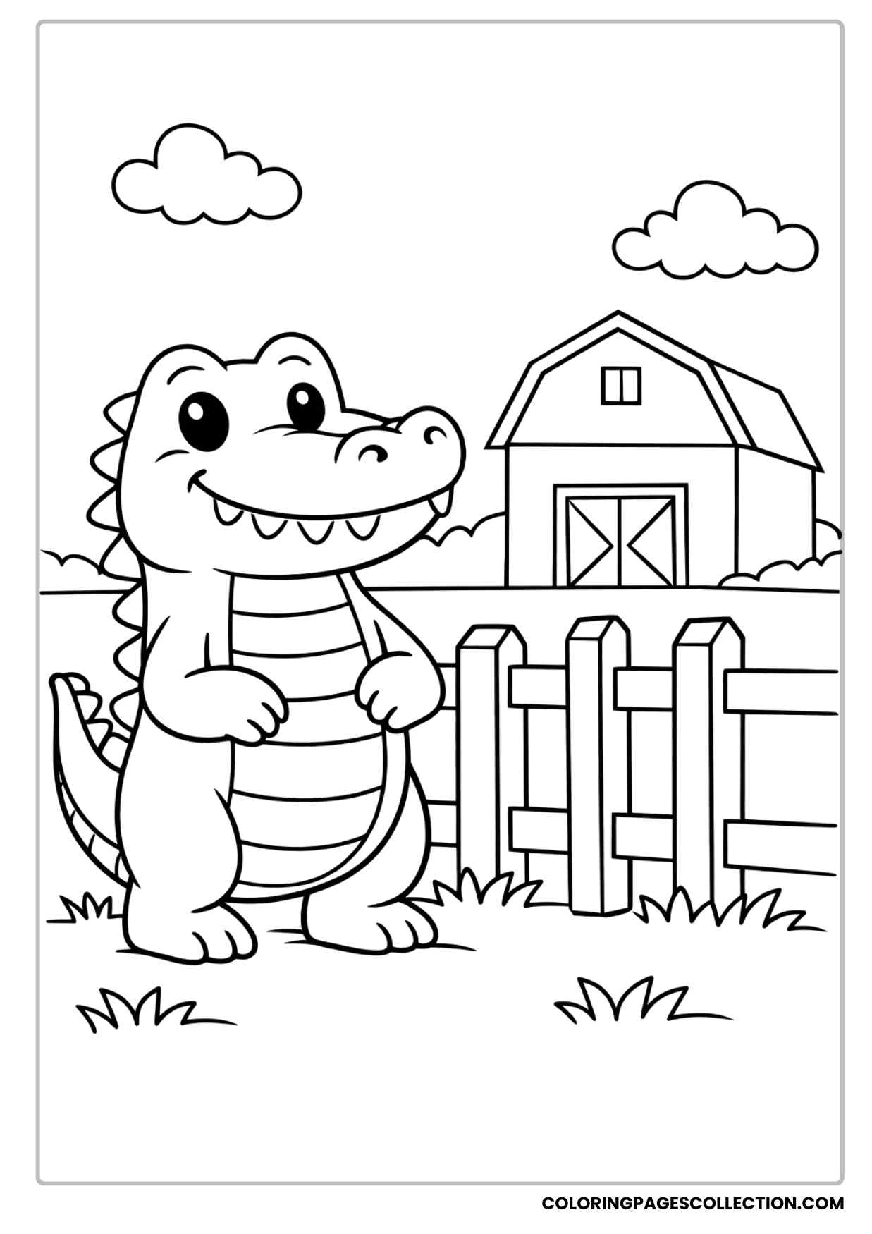 friendly alligator near a farm fence coloring sheet