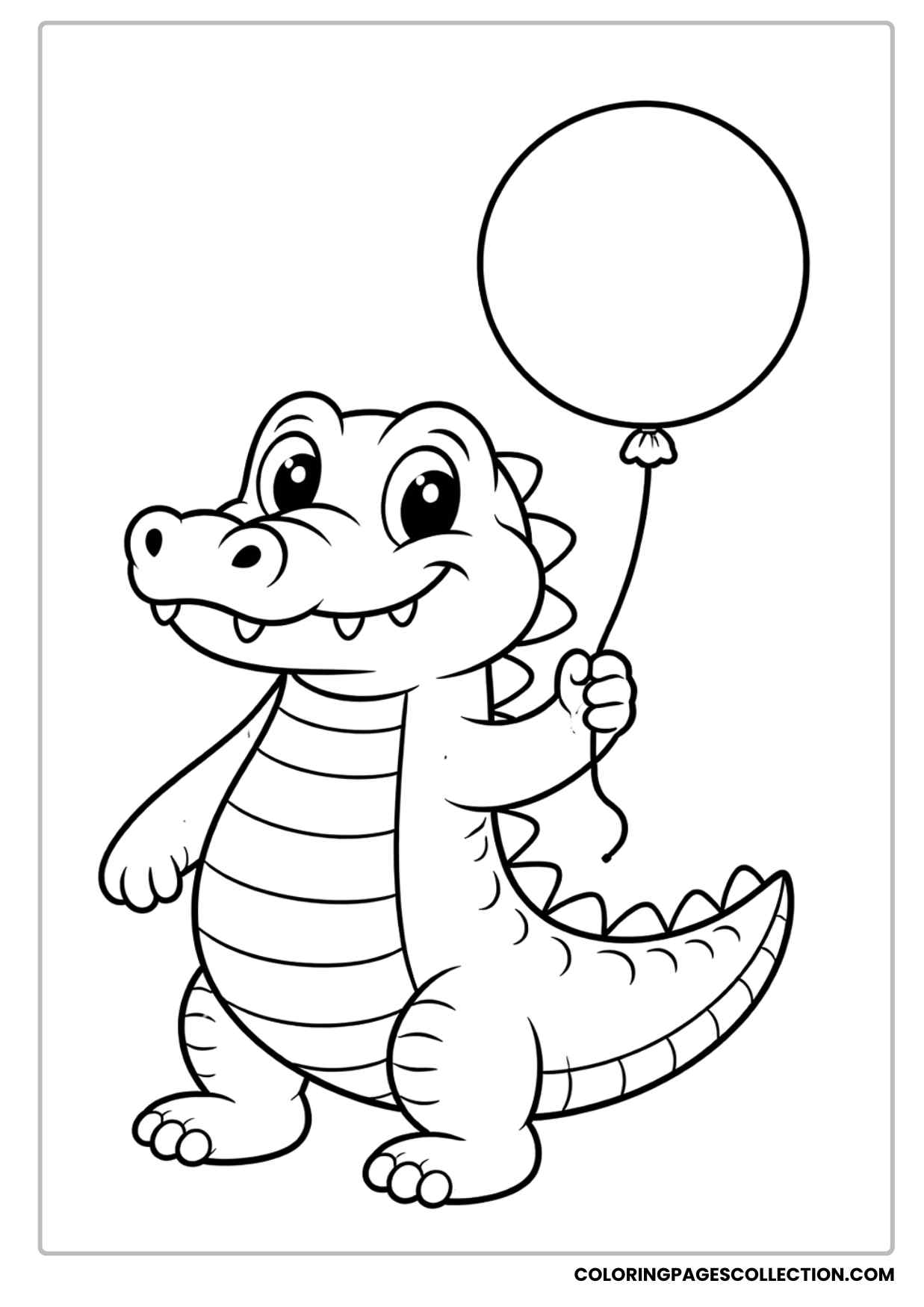 cute baby alligator holding a balloon coloring page