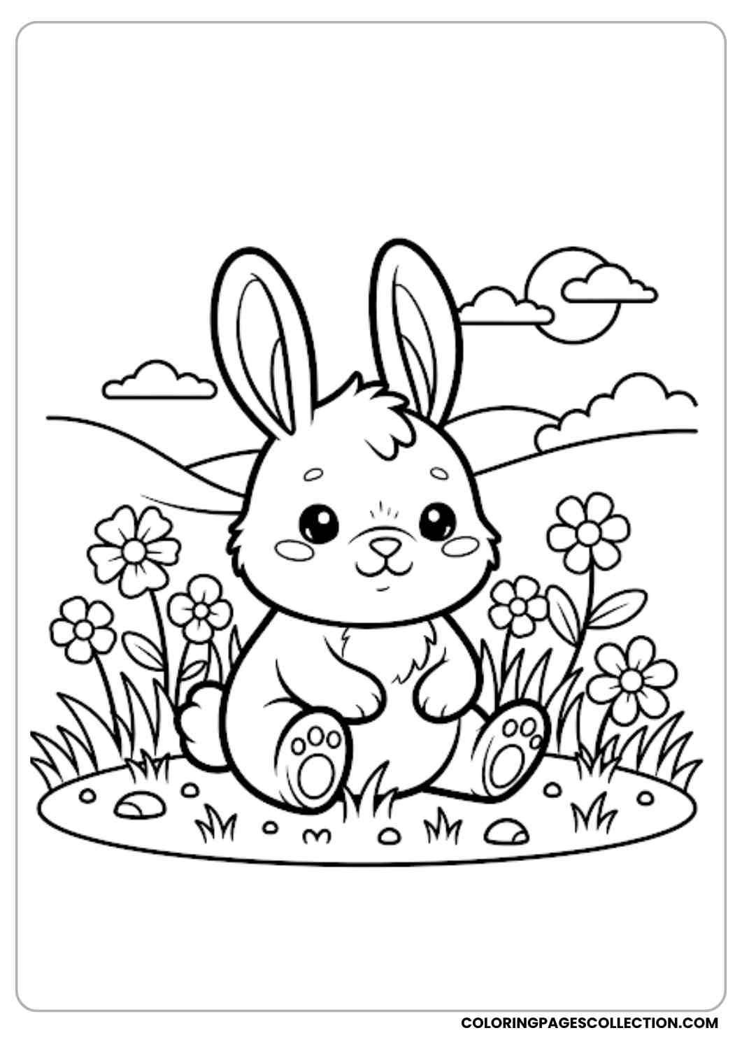 bunny sitting in grass with flowers coloring page