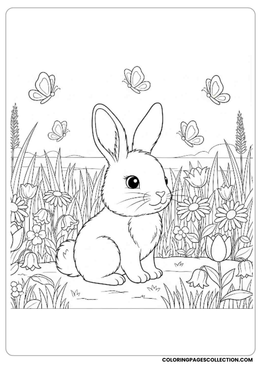 bunny sitting in garden with butterflies coloring page