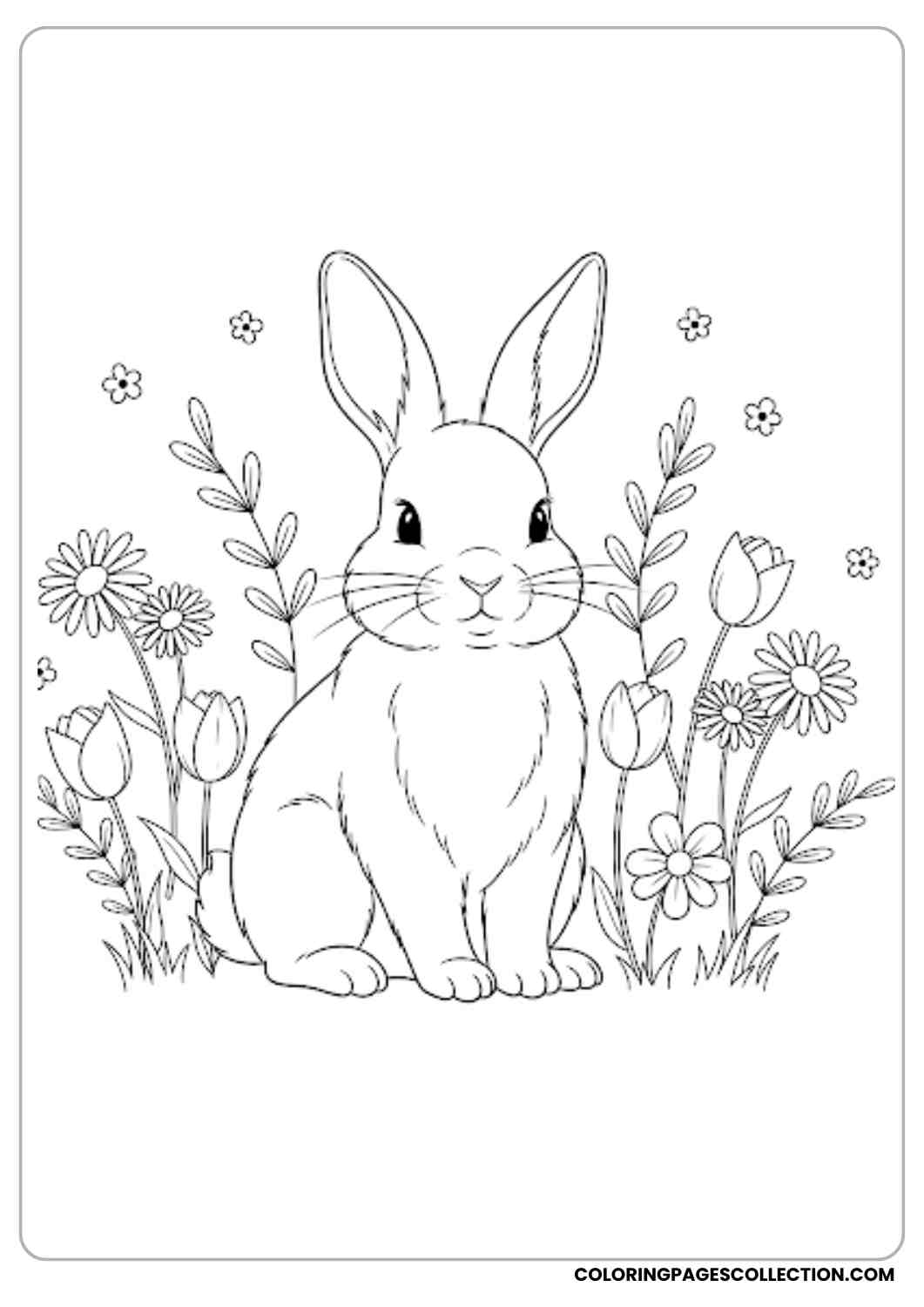 bunny sitting with flowers around coloring page