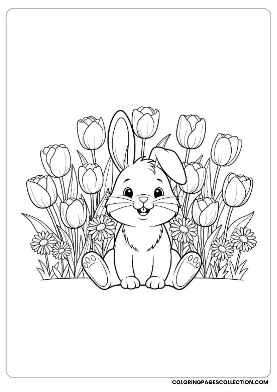 bunny sitting with tulips and daisies coloring page