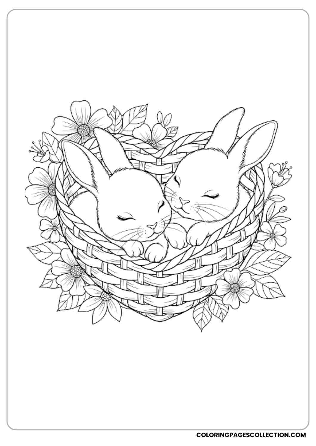 two bunnies cuddling in basket coloring page