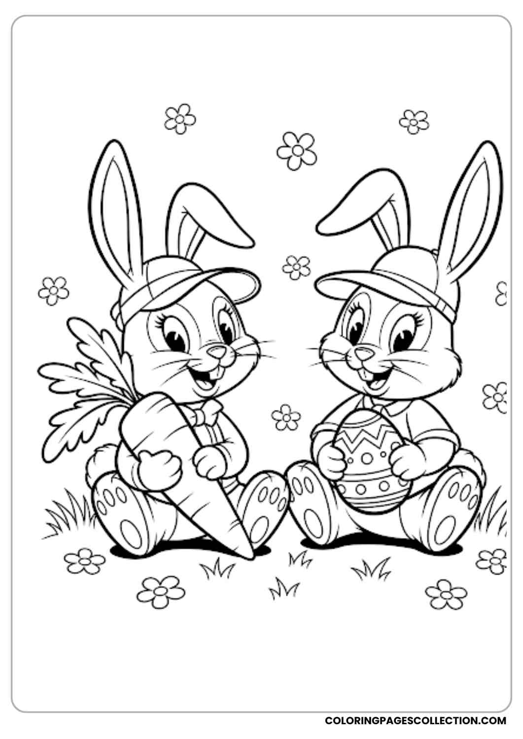 two bunnies with carrot and egg coloring page