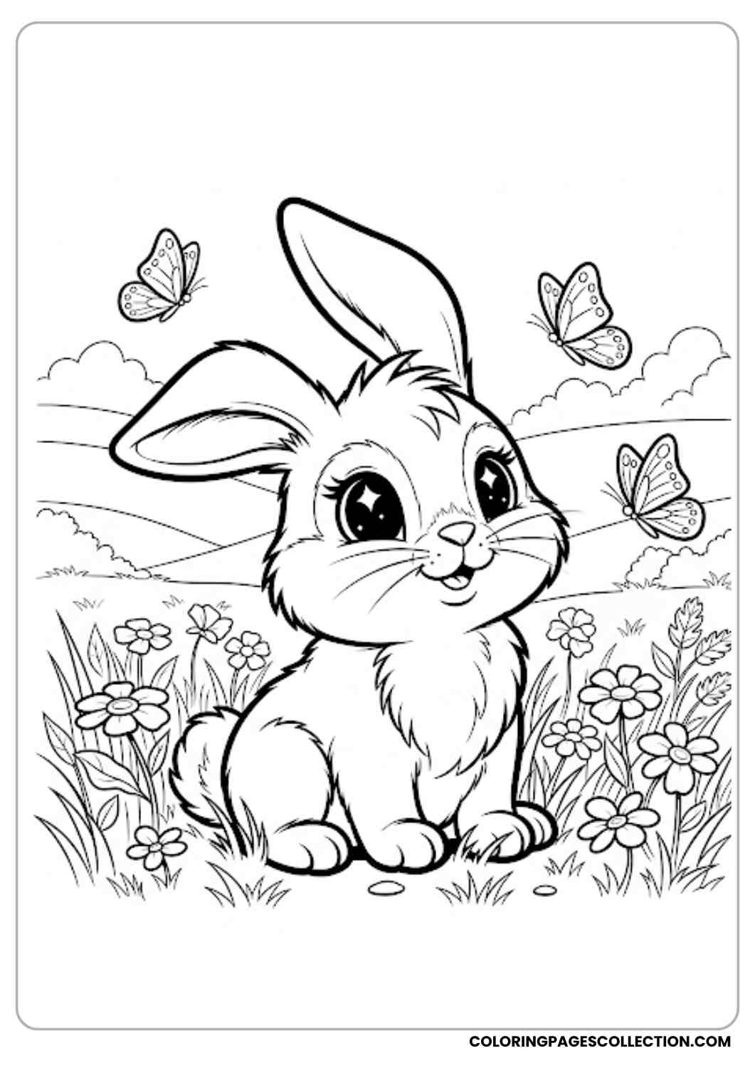 bunny sitting in meadow with butterflies coloring page