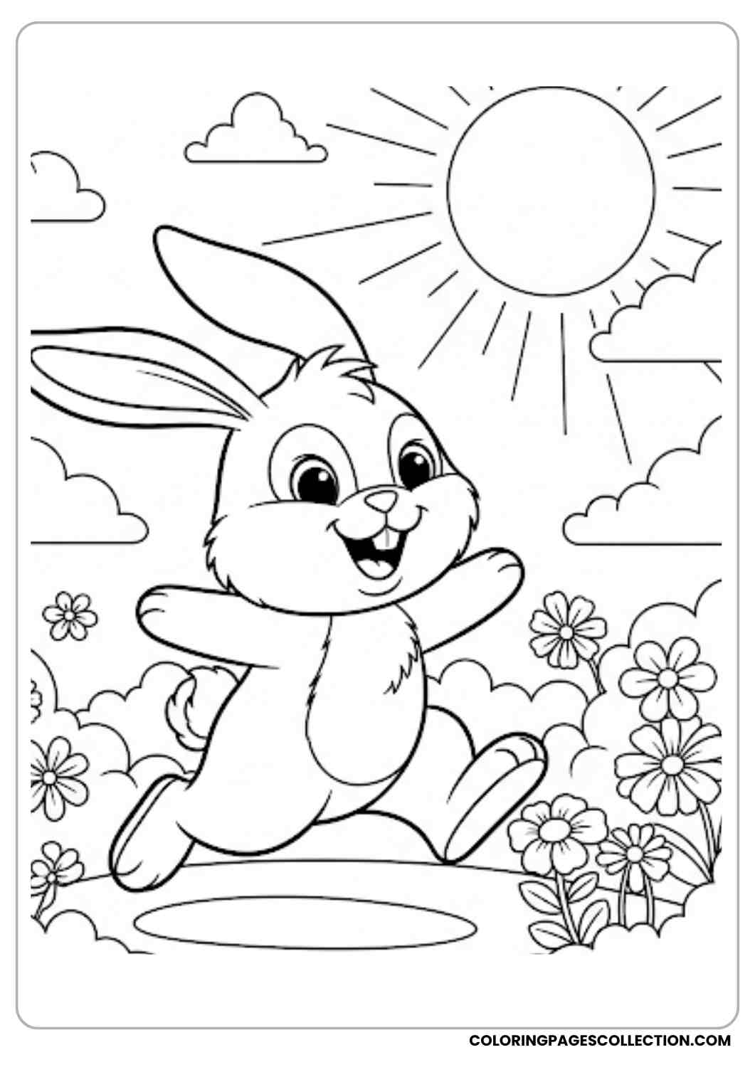 bunny hopping under sun with flowers coloring page