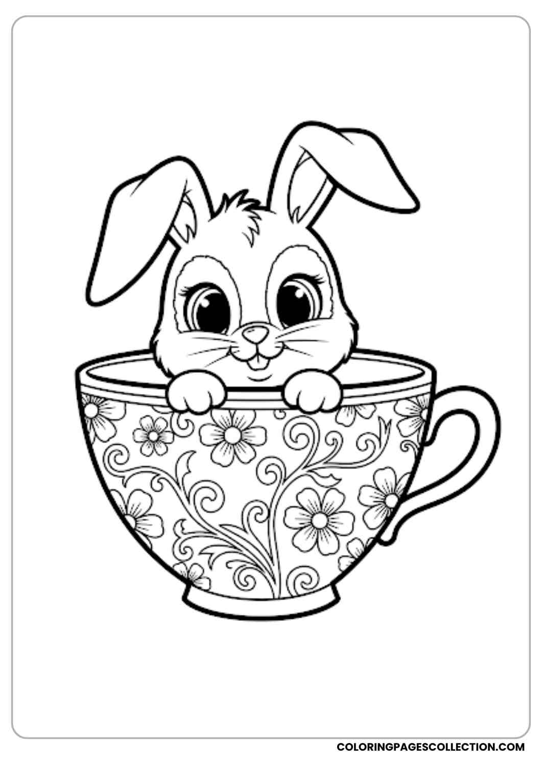 bunny peeking out of teacup coloring page