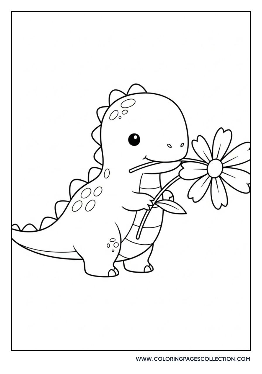 Baby Dinosaur Holding a Flower - Free Printable Line Art