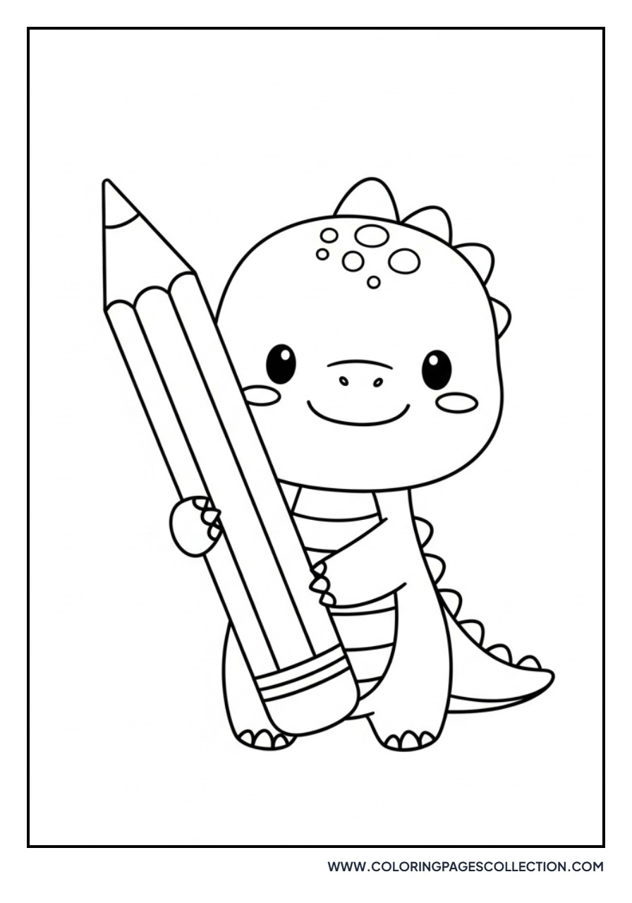Baby Dinosaur Holding a Pencil - Free Printable Line Art