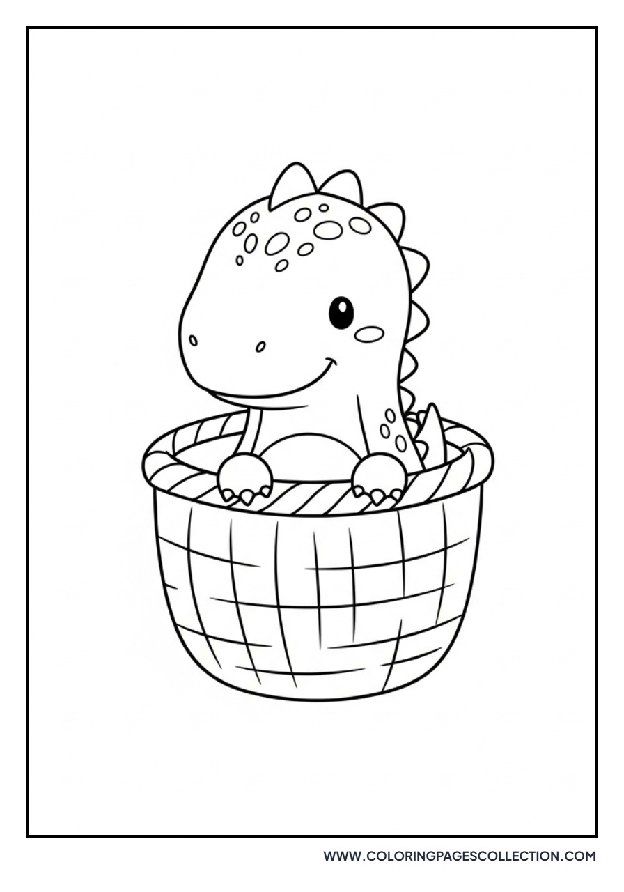 Baby Dinosaur in a Basket - Free Printable Line Art
