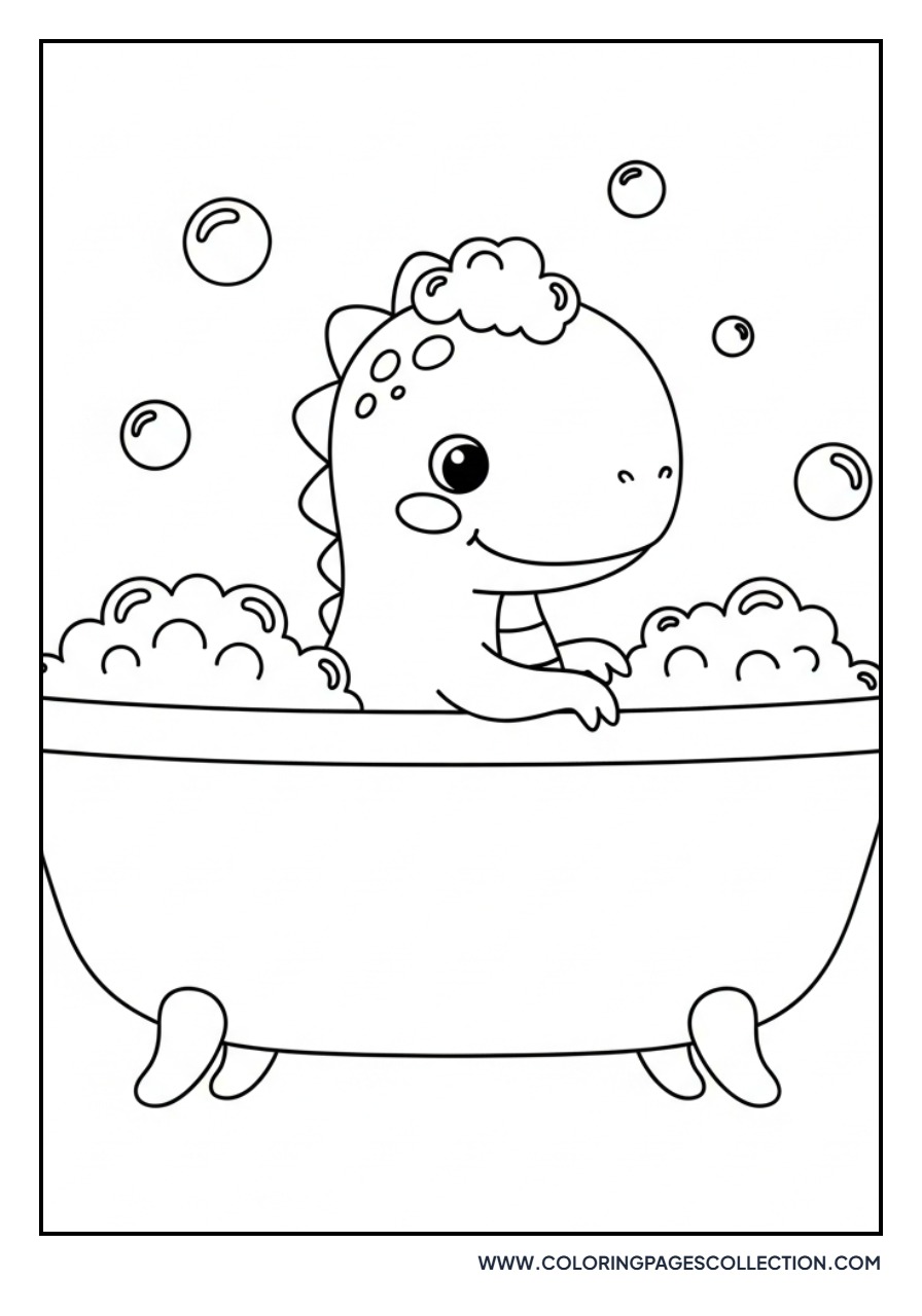 Baby Dinosaur in a Bathtub - Free Printable Line Art