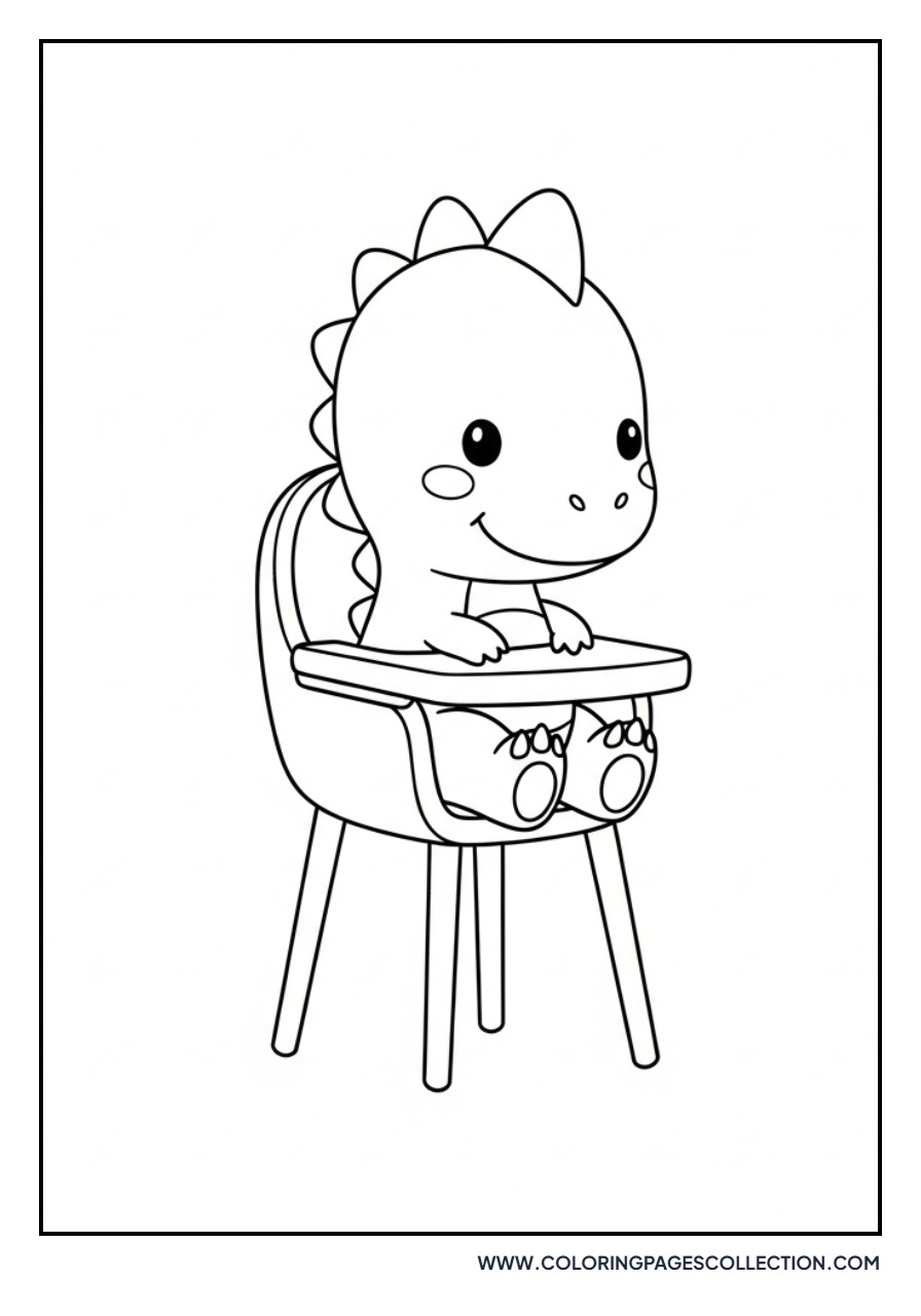Baby Dinosaur in a High Chair - Free Printable Line Art