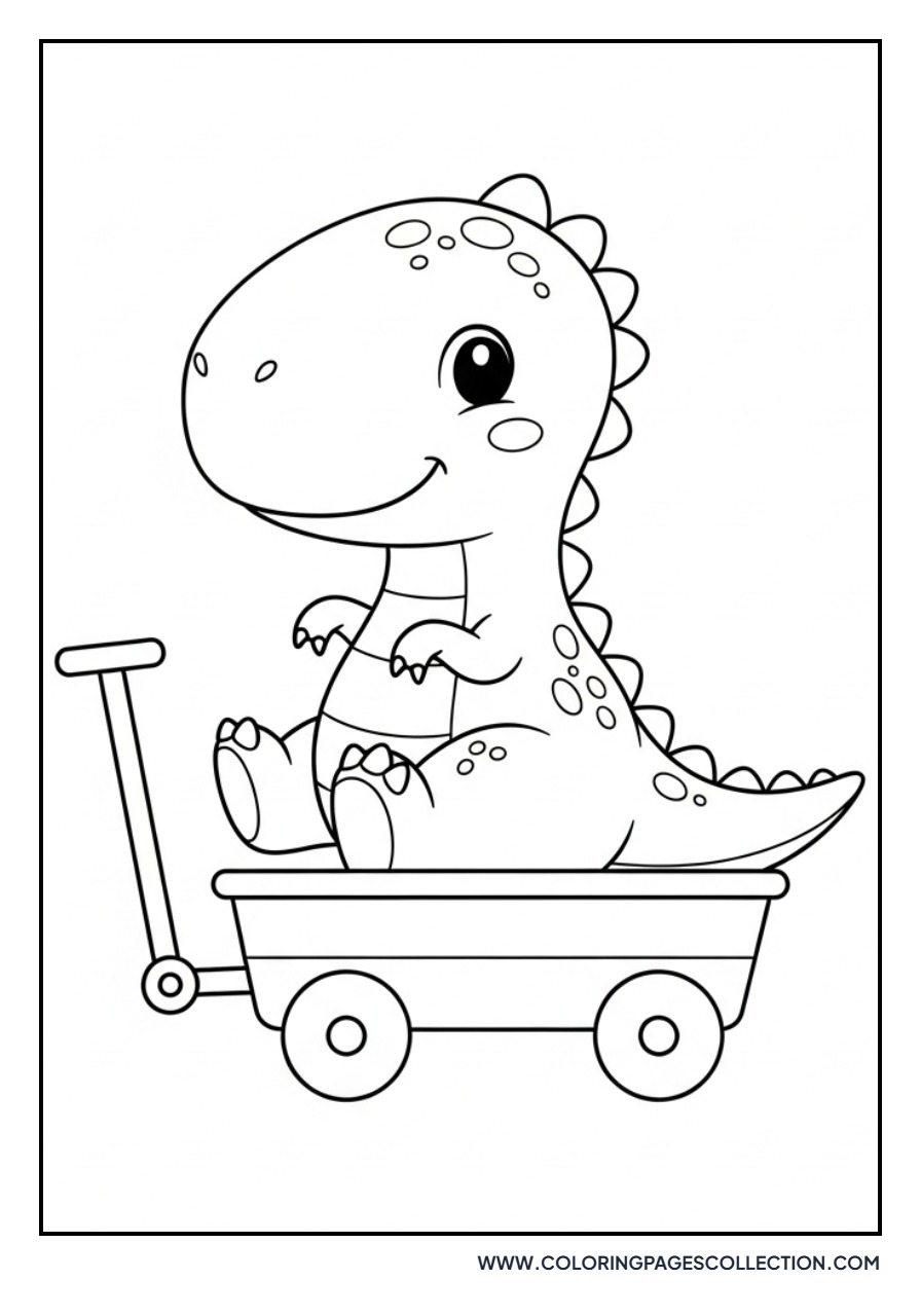Baby Dinosaur in a Wagon - Free Printable Line Art