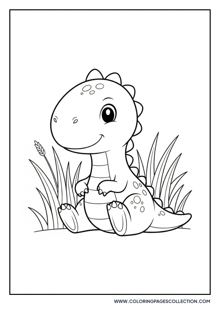 Baby Dinosaur in the Grass - Free Printable Line Art