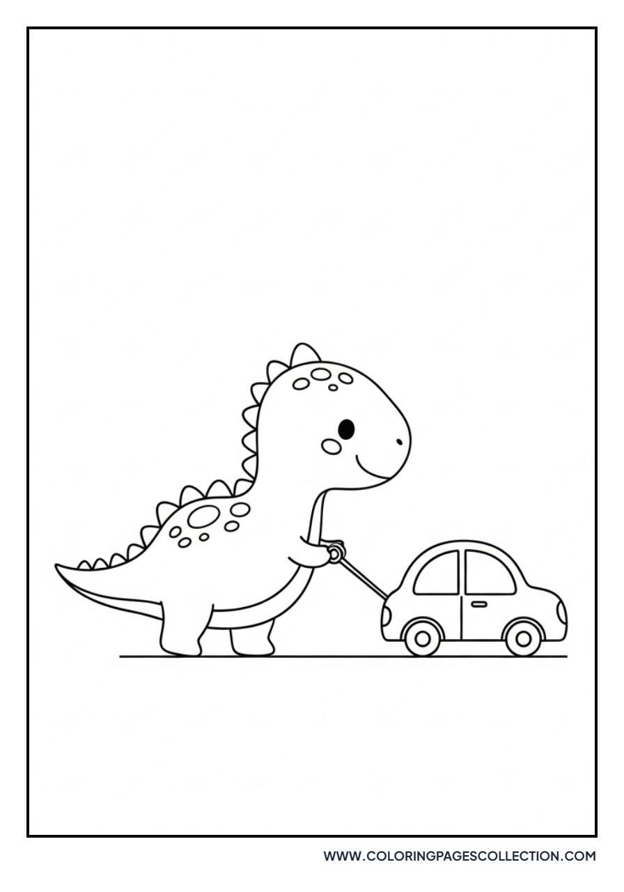 Baby Dinosaur Playing with a Toy Car - Free Printable Line Art
