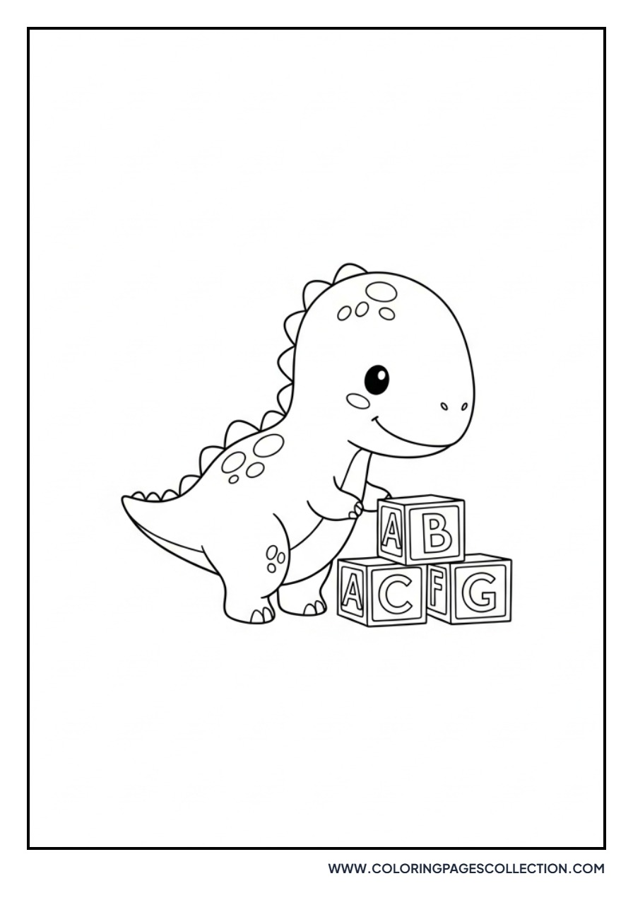 Baby Dinosaur Playing with Blocks - Free Printable Line Art