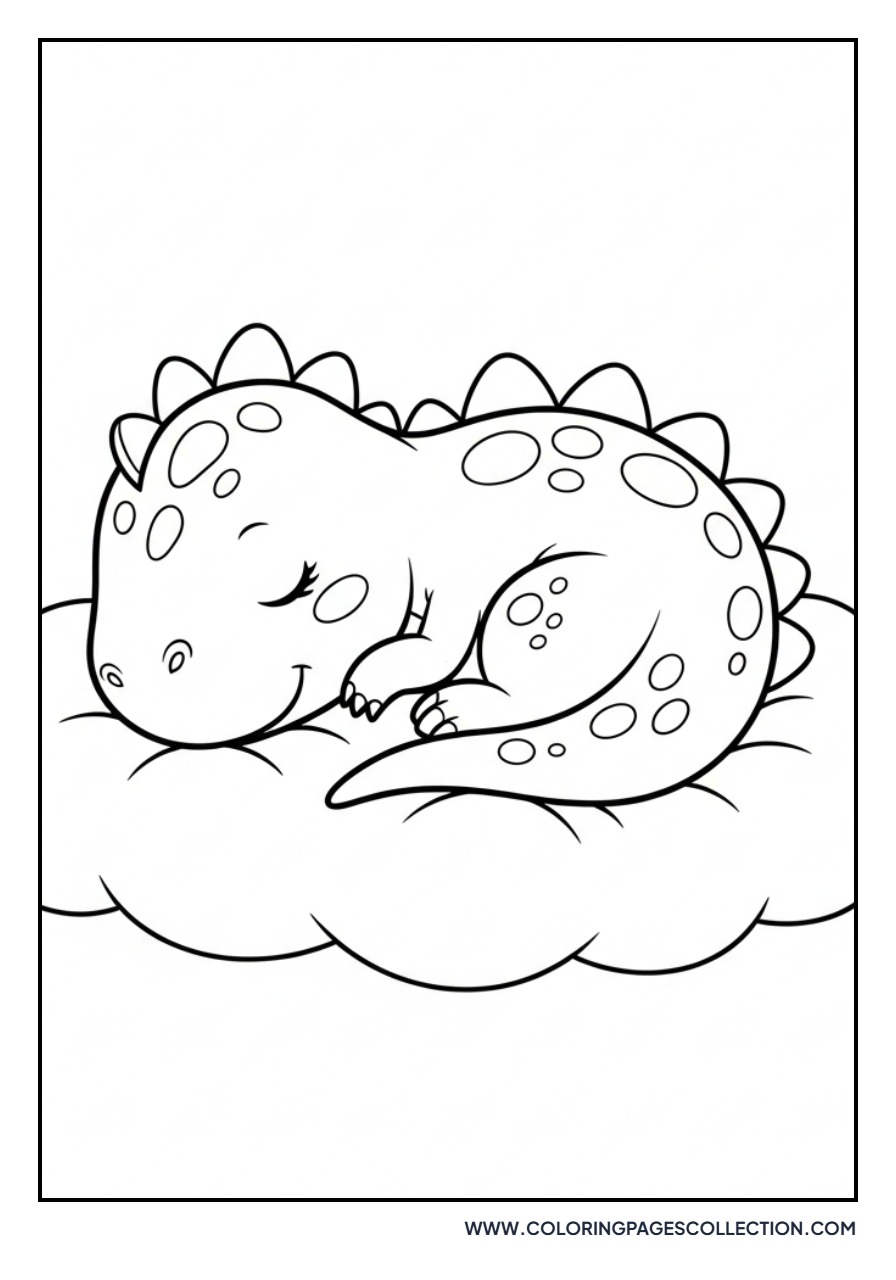 Baby Dinosaur Sleeping on a Cloud - Free Printable Line Art