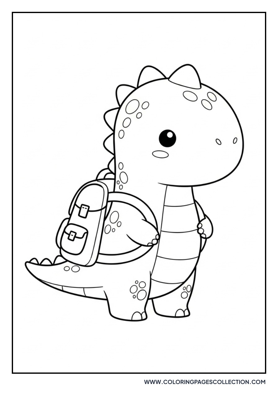 Baby Dinosaur with a Backpack - Free Printable Line Art