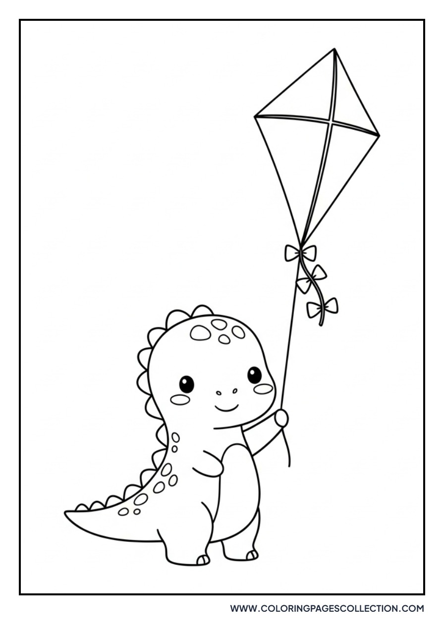 Baby Dinosaur with a Kite - Free Printable Line Art