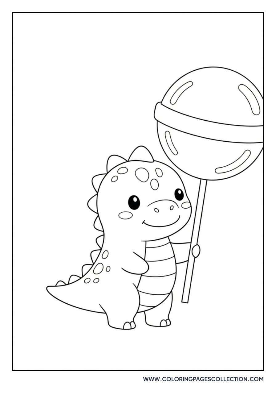 Baby Dinosaur with a Lollipop - Free Printable Line Art