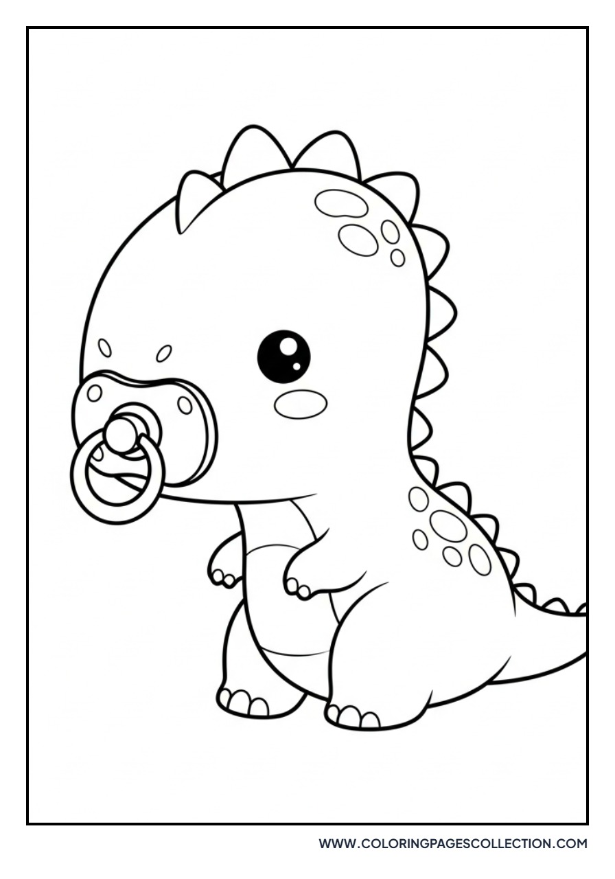 Baby Dinosaur with a Pacifier - Free Printable Line Art