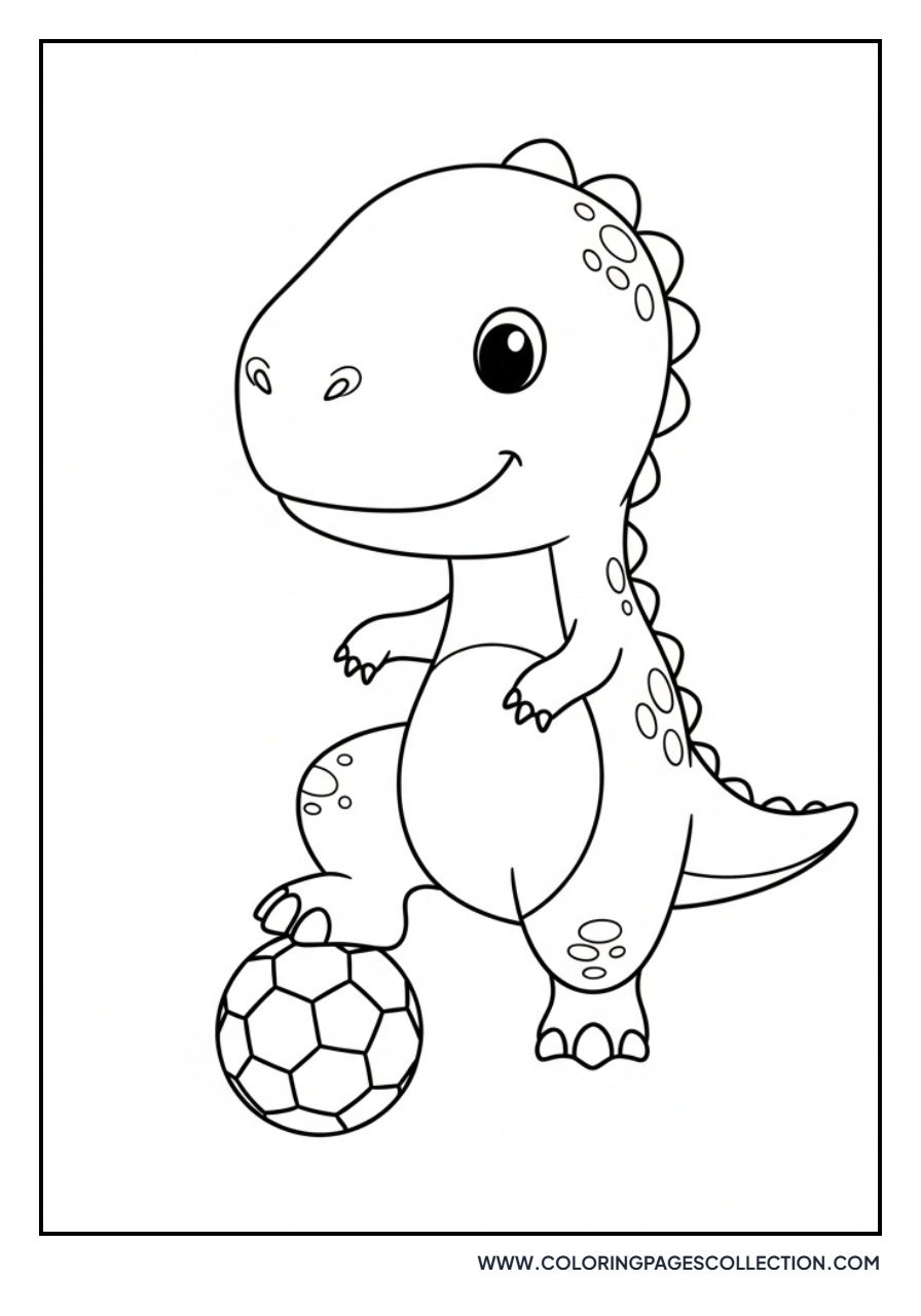 Baby Dinosaur with a Soccer Ball - Free Printable Line Art