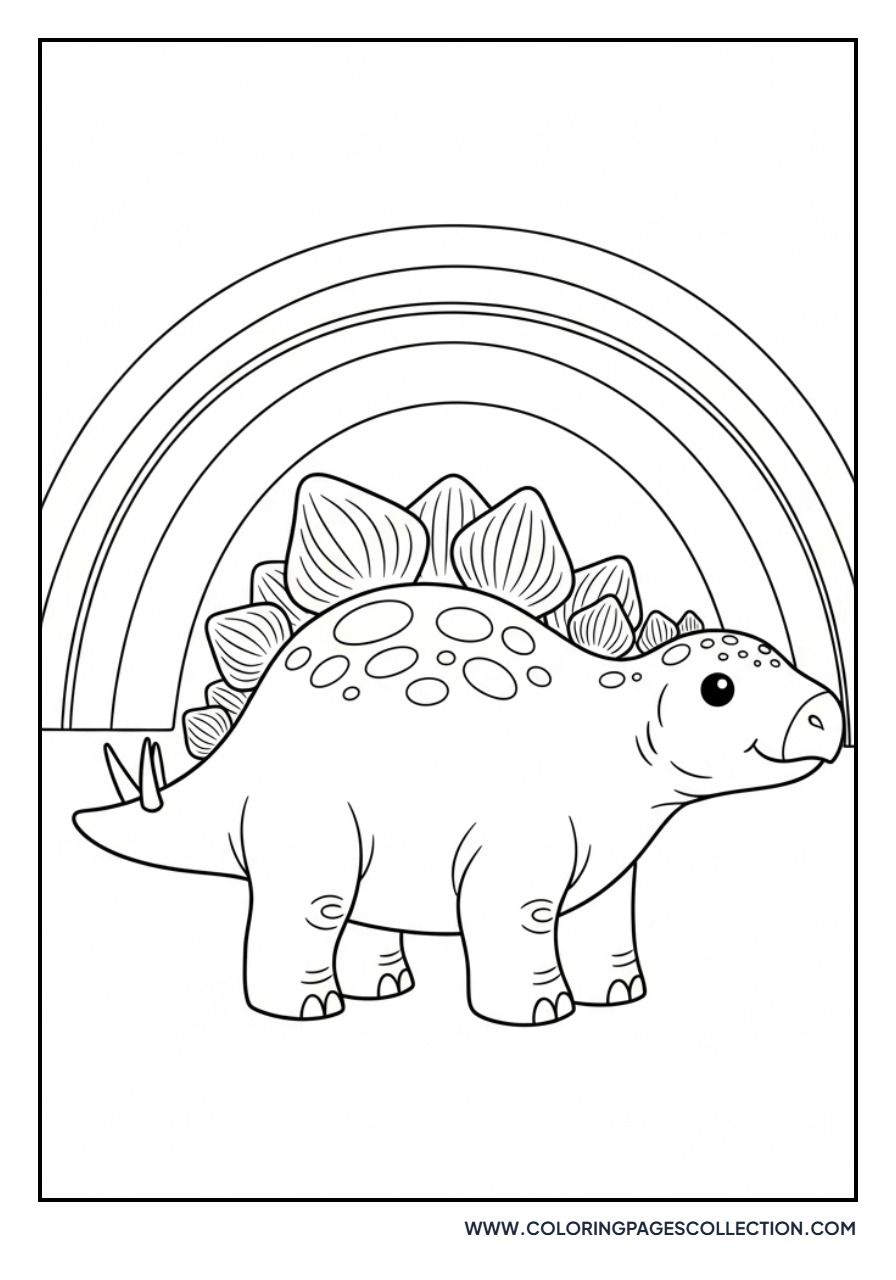 Baby Stegosaurus under a Rainbow - Free Printable Line Art