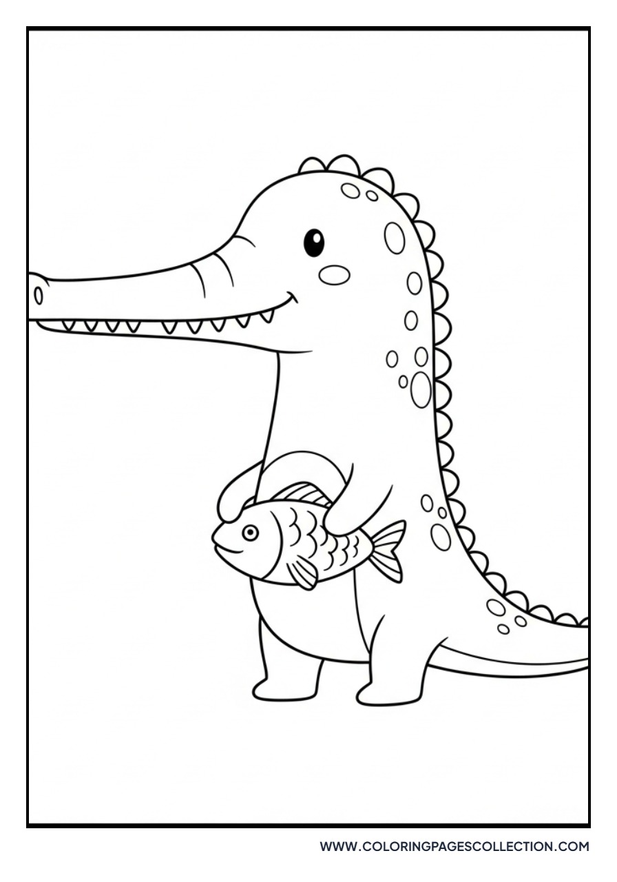 Cute Baryonyx Catching a Fish - Free Printable Line Art