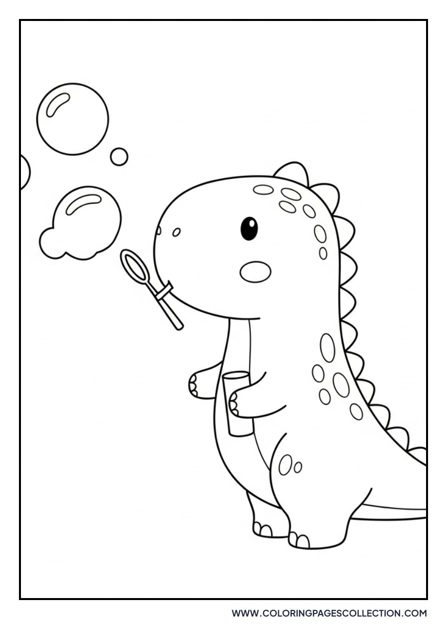 Cute Dinosaur Blowing Bubbles - Free Printable Line Art