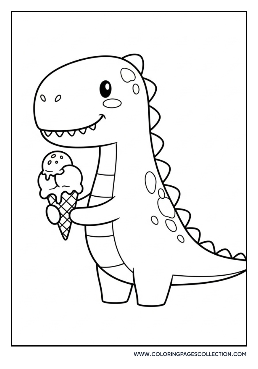 Cute Dinosaur Eating an Ice Cream Cone - Free Printable Line Art