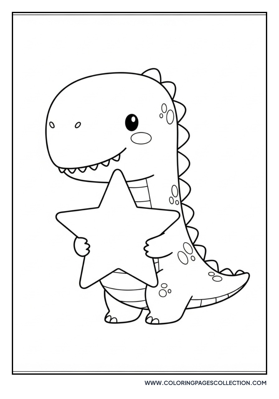 Cute Dinosaur holding a Star - Free Printable Line Art