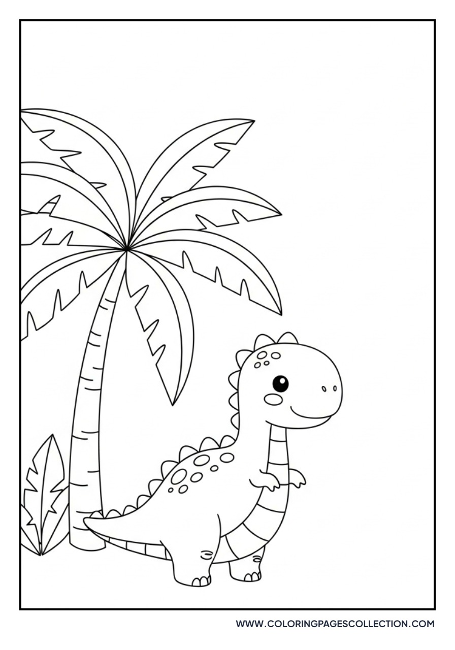 Cute Dinosaur under a Palm Tree - Free Printable Line Art