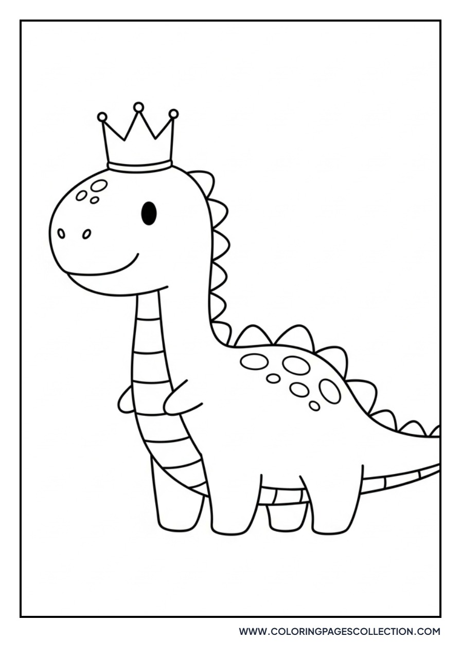 Cute Dinosaur Wearing a Crown - Free Printable Line Art