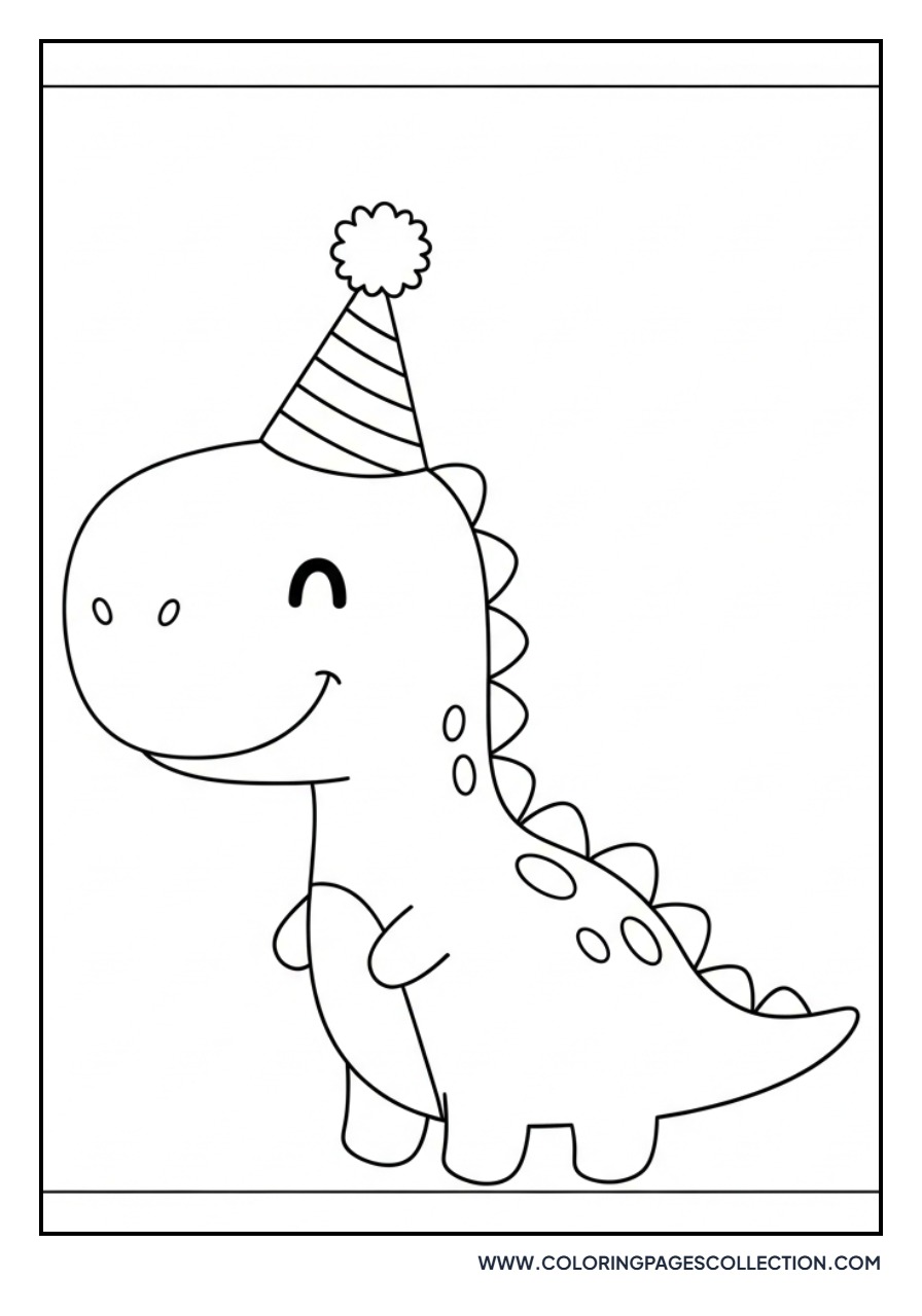 Cute Dinosaur Wearing a Party Hat - Free Printable Line Art