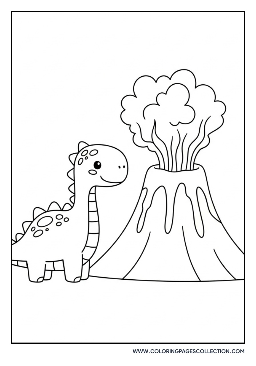 Cute Dinosaur with a Small Volcano - Free Printable Line Art