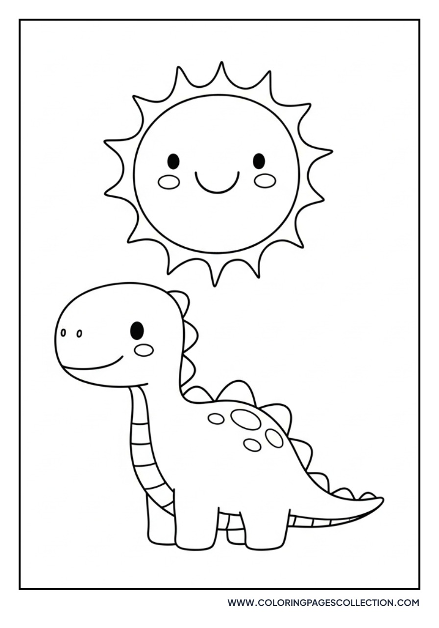 Cute Dinosaur with a Sun - Free Printable Line Art