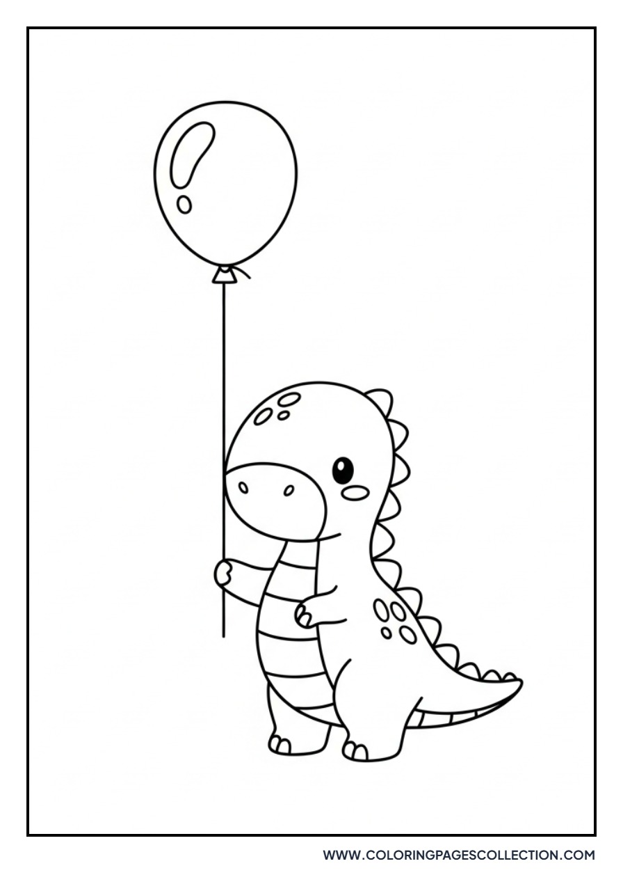 Dinosaur Holding a Big Balloon - Free Printable Line Art