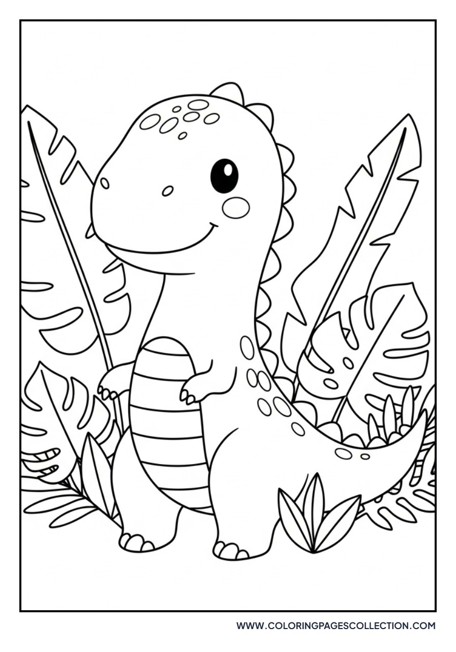 Dinosaur in a Jungle with Big Leaves - Free Printable Line Art