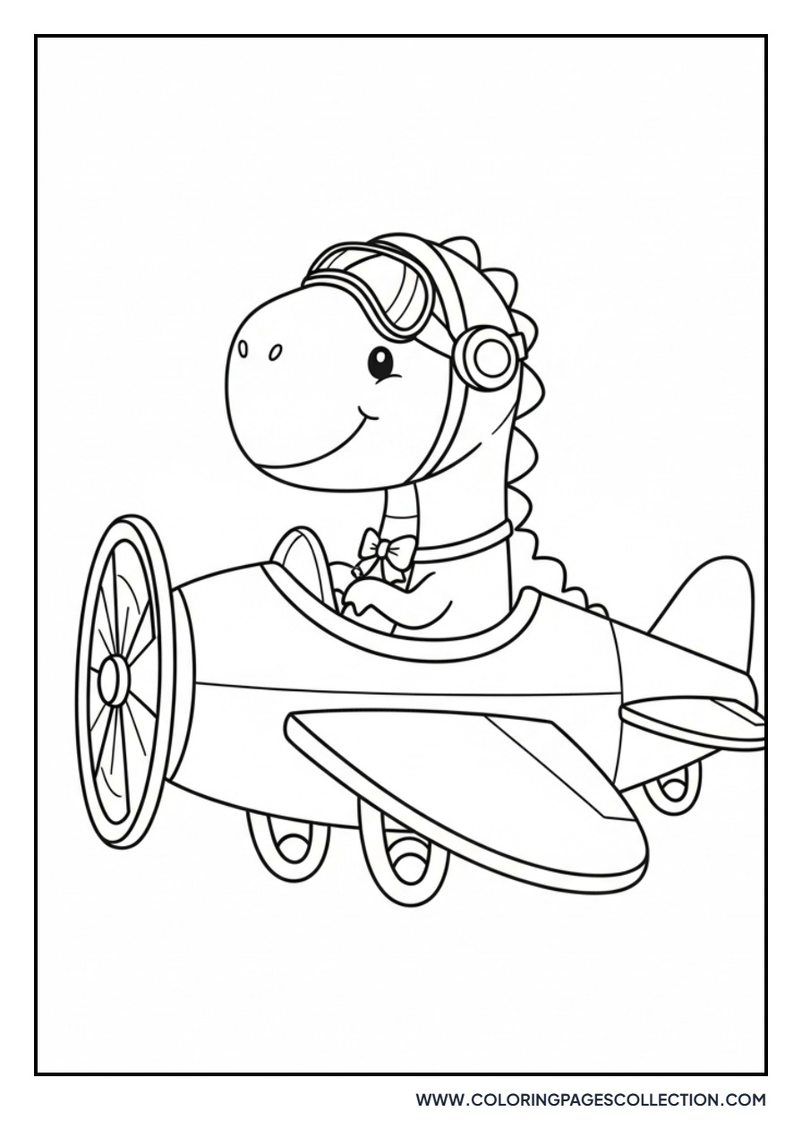 Dinosaur in a Small Plane - Free Printable Line Art