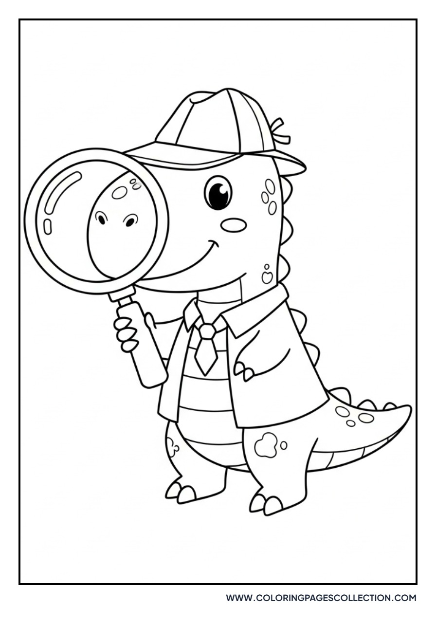 Dinosaur Looking through a Magnifying Glass - Free Printable Line Art
