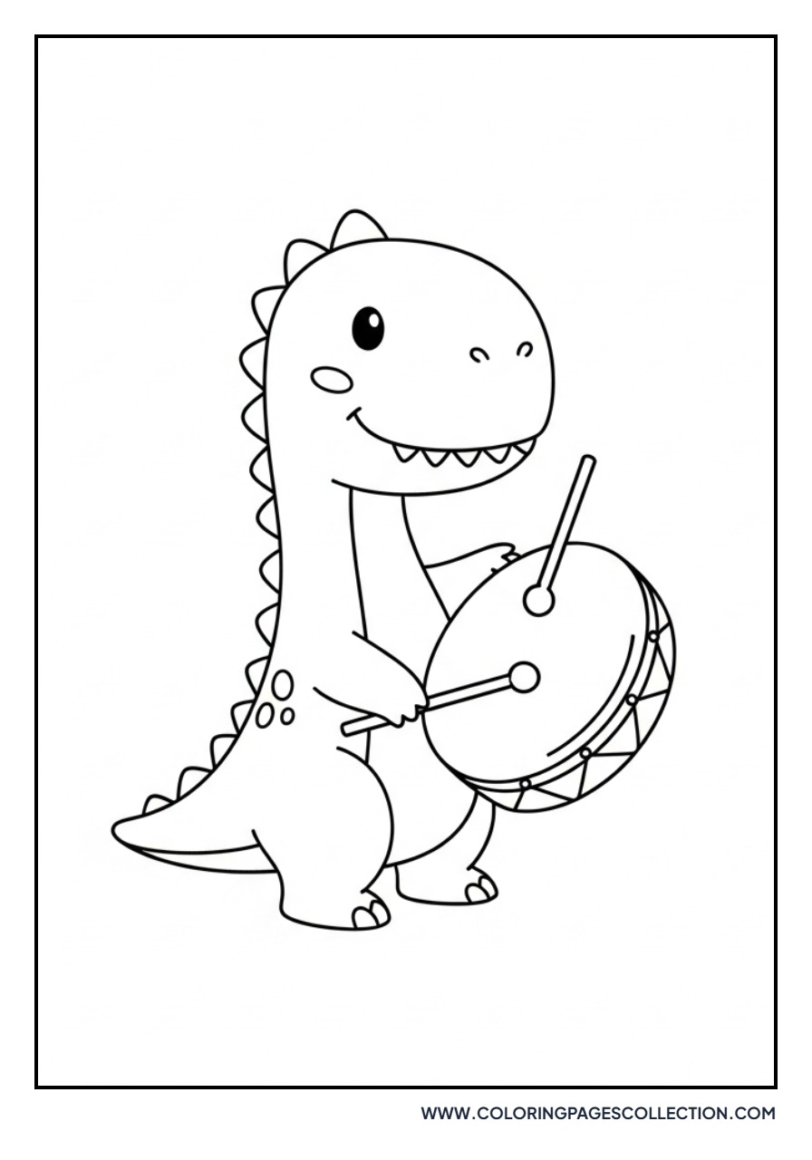 Dinosaur Playing a Simple Drum - Free Printable Line Art