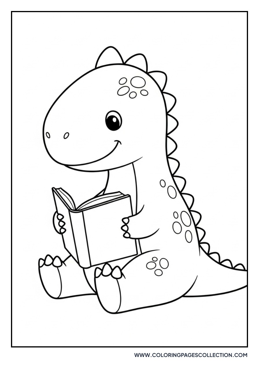 Dinosaur Reading a Big Book - Free Printable Line Art