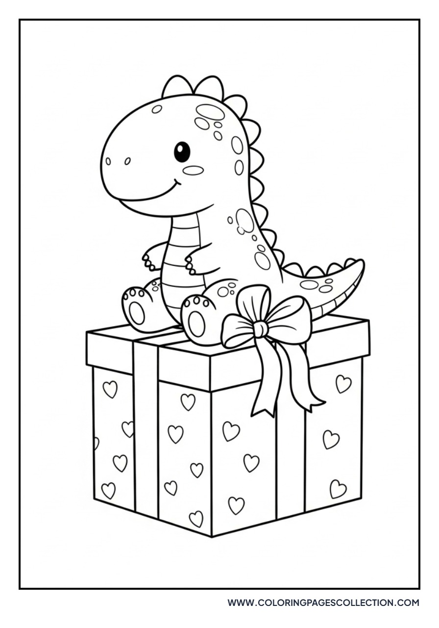 Dinosaur Sitting on a Present - Free Printable Line Art