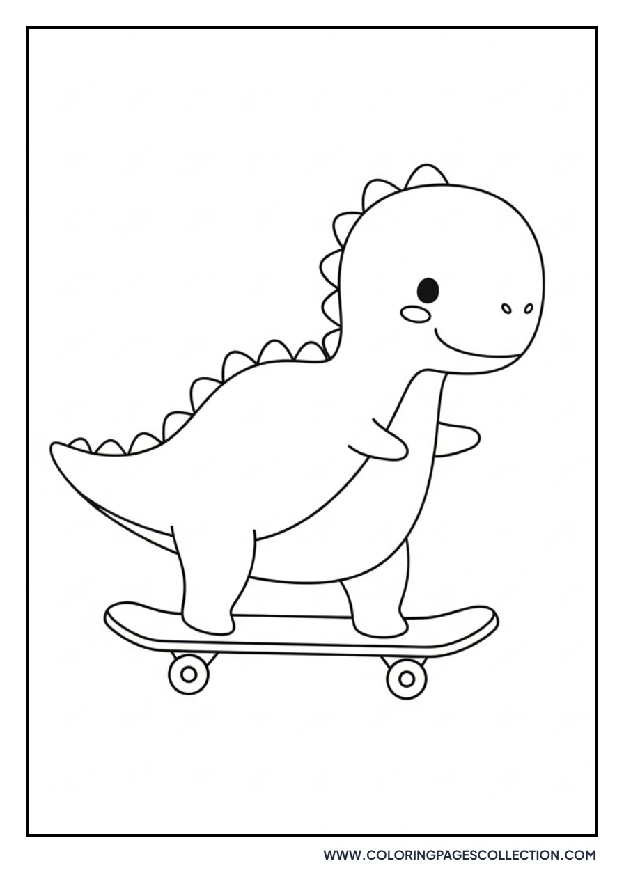 Dinosaur Skating on a Skateboard - Free Printable Line Art
