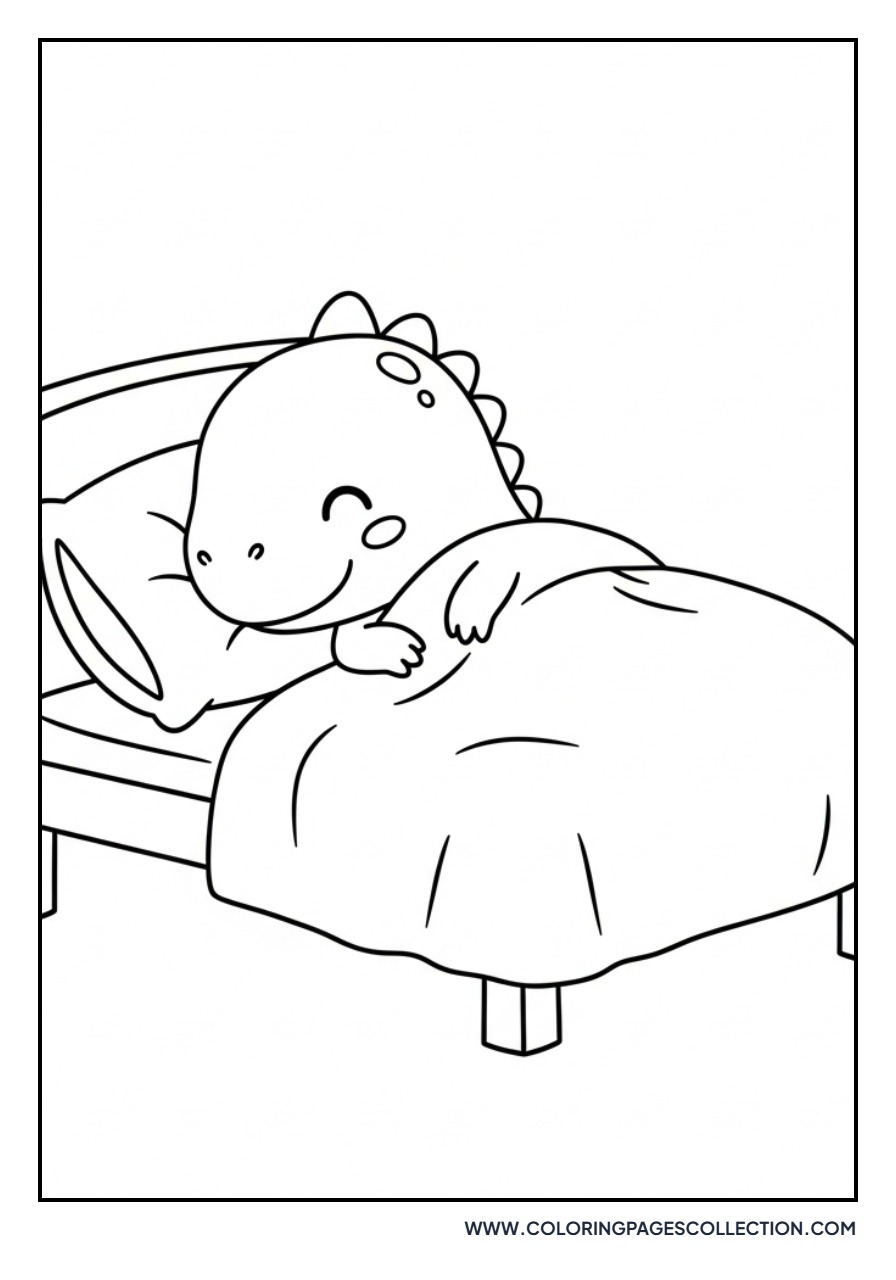 Dinosaur Sleeping in a Bed - Free Printable Line Art