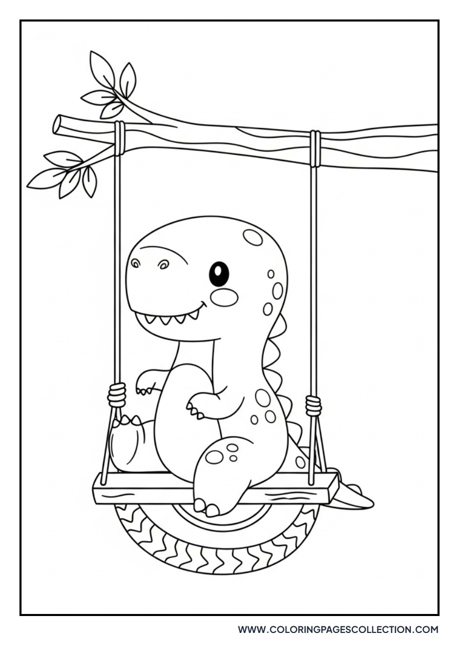 Dinosaur Swinging on a Tire Swing - Free Printable Line Art