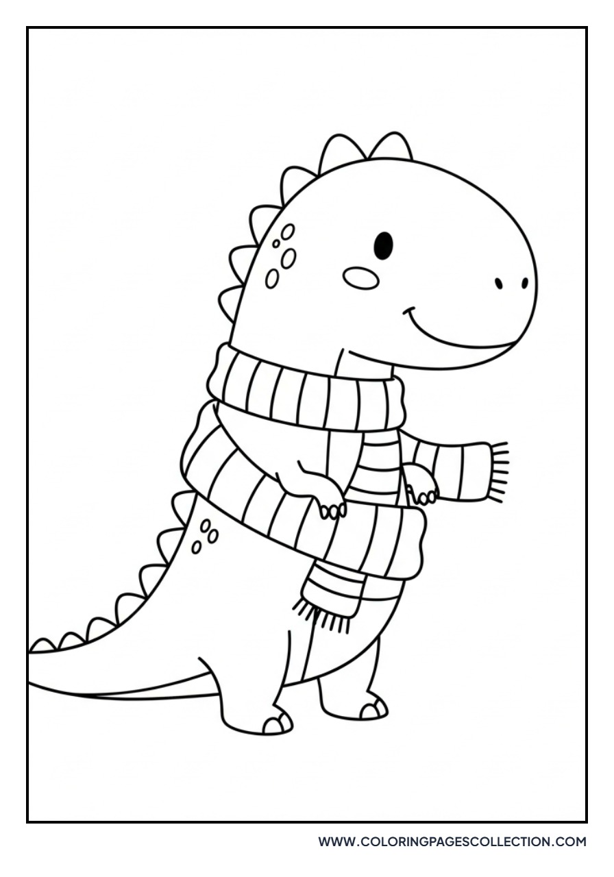 Dinosaur Wearing a Winter Scarf - Free Printable Line Art