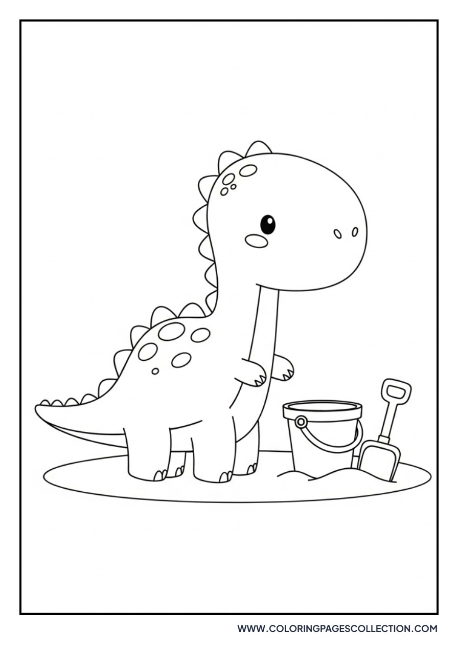 Dinosaur with a Pail and Shovel - Free Printable Line Art