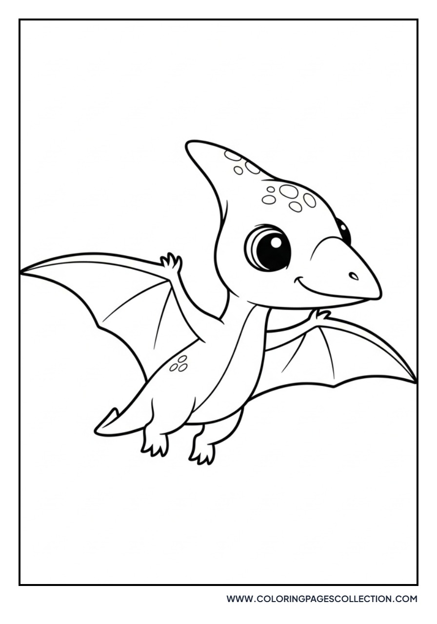 Flying Baby Pterodactyl with Big Eyes - Free Printable Line Art